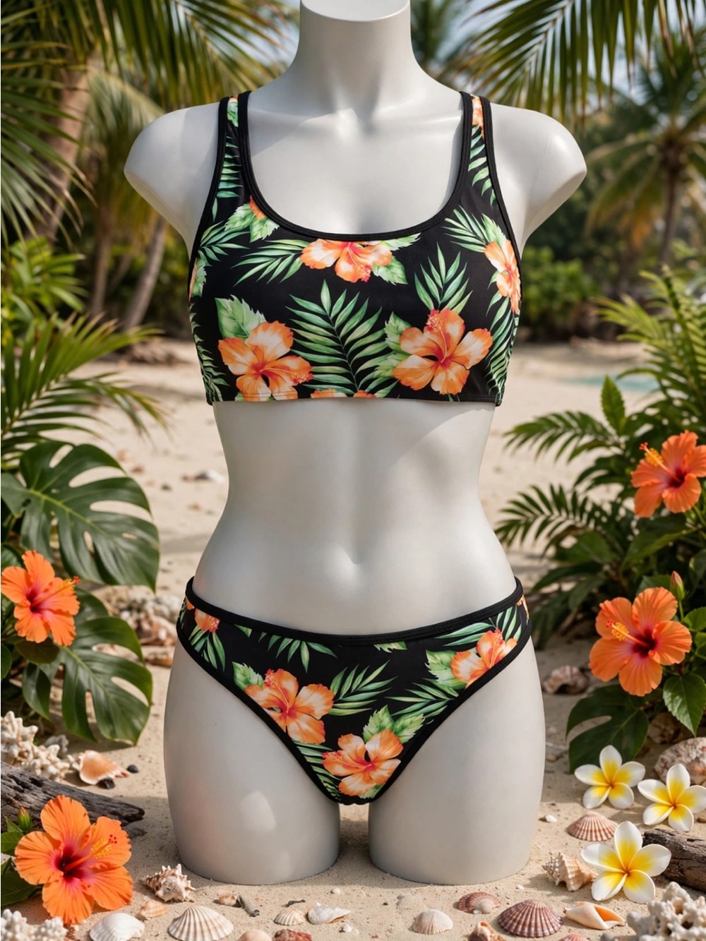 Black Floral Scoop Neck Bikini Set - Women Swim